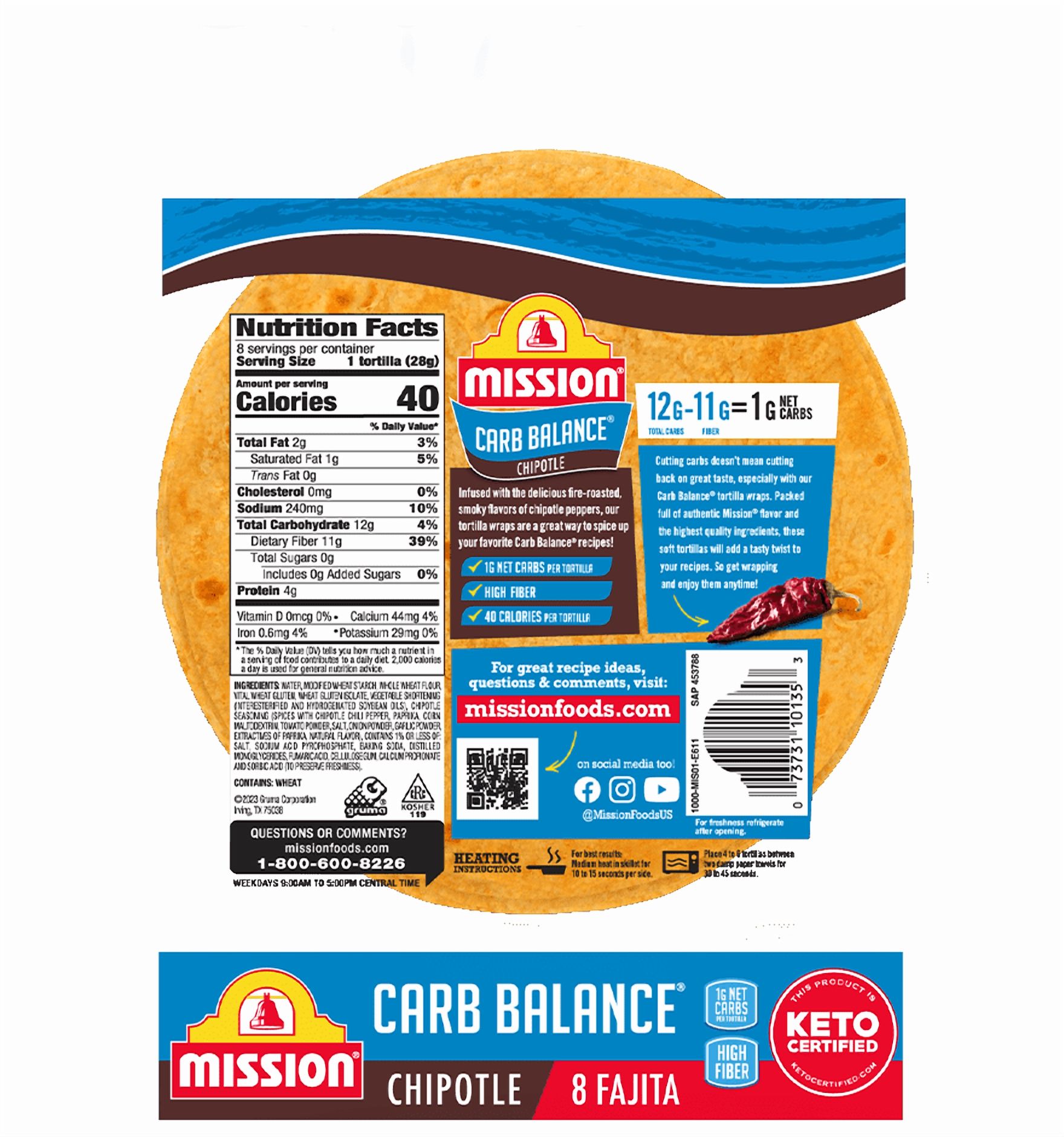 Mission Tortillas Carb Balance Chipotle Fajita Tortilla 4 Pack with ValorServe™ Mini Kitchen Utensil - 6" Fajita Size - 8 oz. - 8 count - 1g Net Carbs - 32 Keto Friendly Low Carb Tortillas