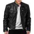 thumbnail image 3 of Chaqueta de cuero para motocicleta para hombre, chaquetas ajustadas de PU con solapa, abrigo de cuero informal a prueba de viento con cremallera para otoño e invierno, ropa para hombre, 3 of 5