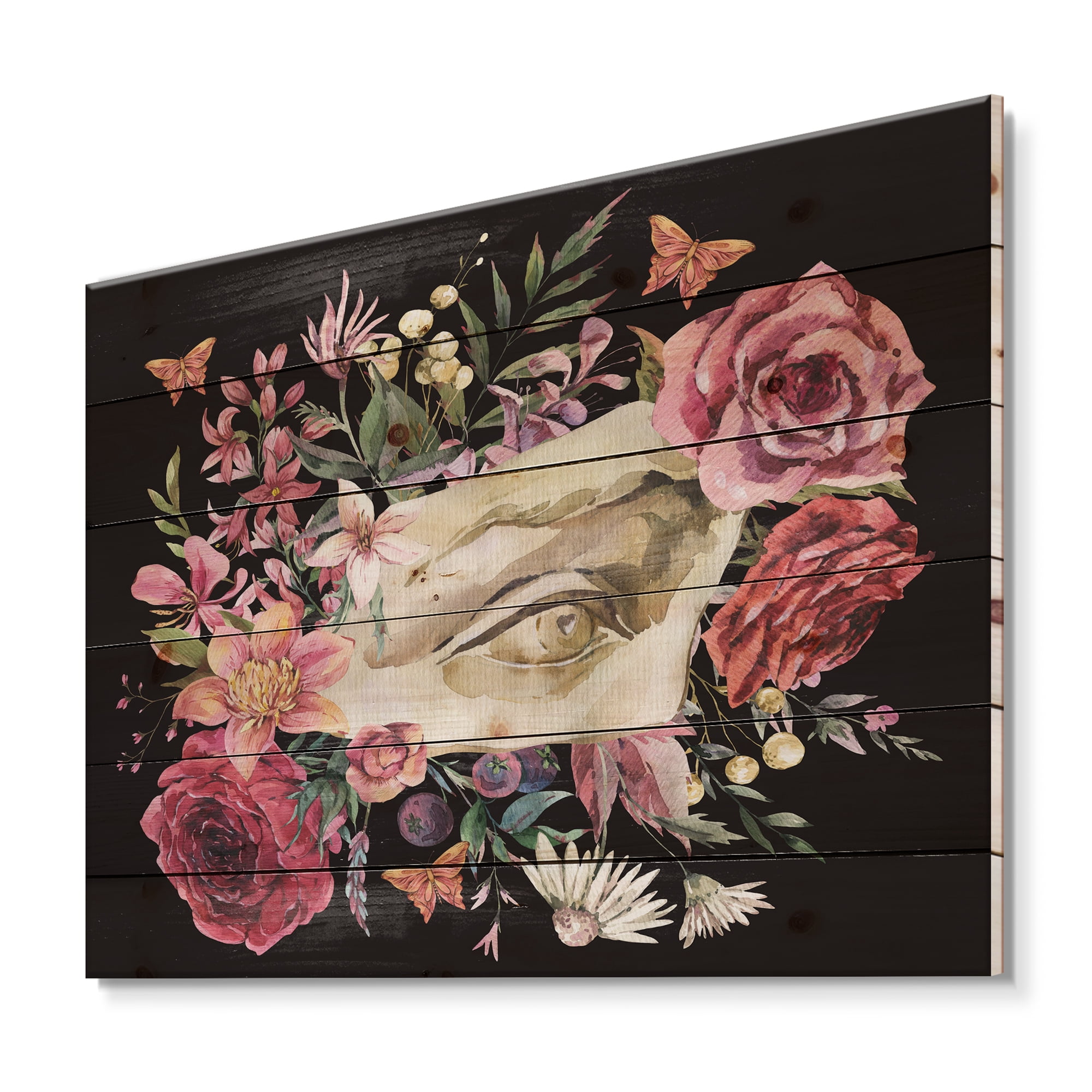 Designart 'Dried Wildflowers With Greek Sculpture David Eye' Farmhouse Print on Natural Pine Wood