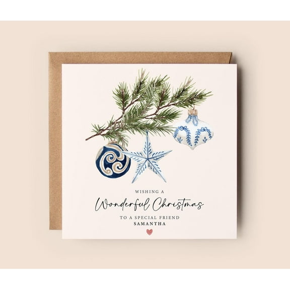 Christmas Card for Special Friends – “Wishing a Wonderful Christmas” – Beautiful Ornaments and Pine Branch Design – Perfect Holiday Greeting Card, Name Personalization Available