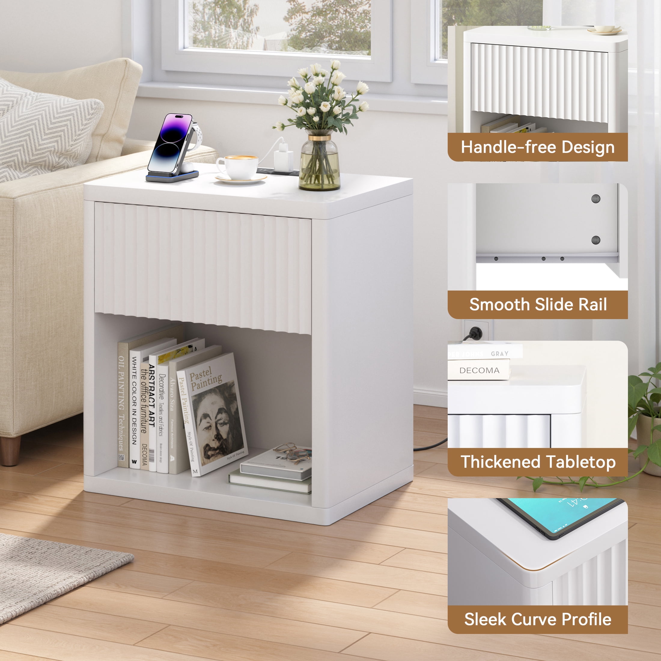 POLAHAKU Nightstand with Drawer USB Charging Station Storage Fluted Bed Side Table End Table Large Modern Wide Bedside Stand Mid Century for Bedroom Living Room Sofa Couch, White