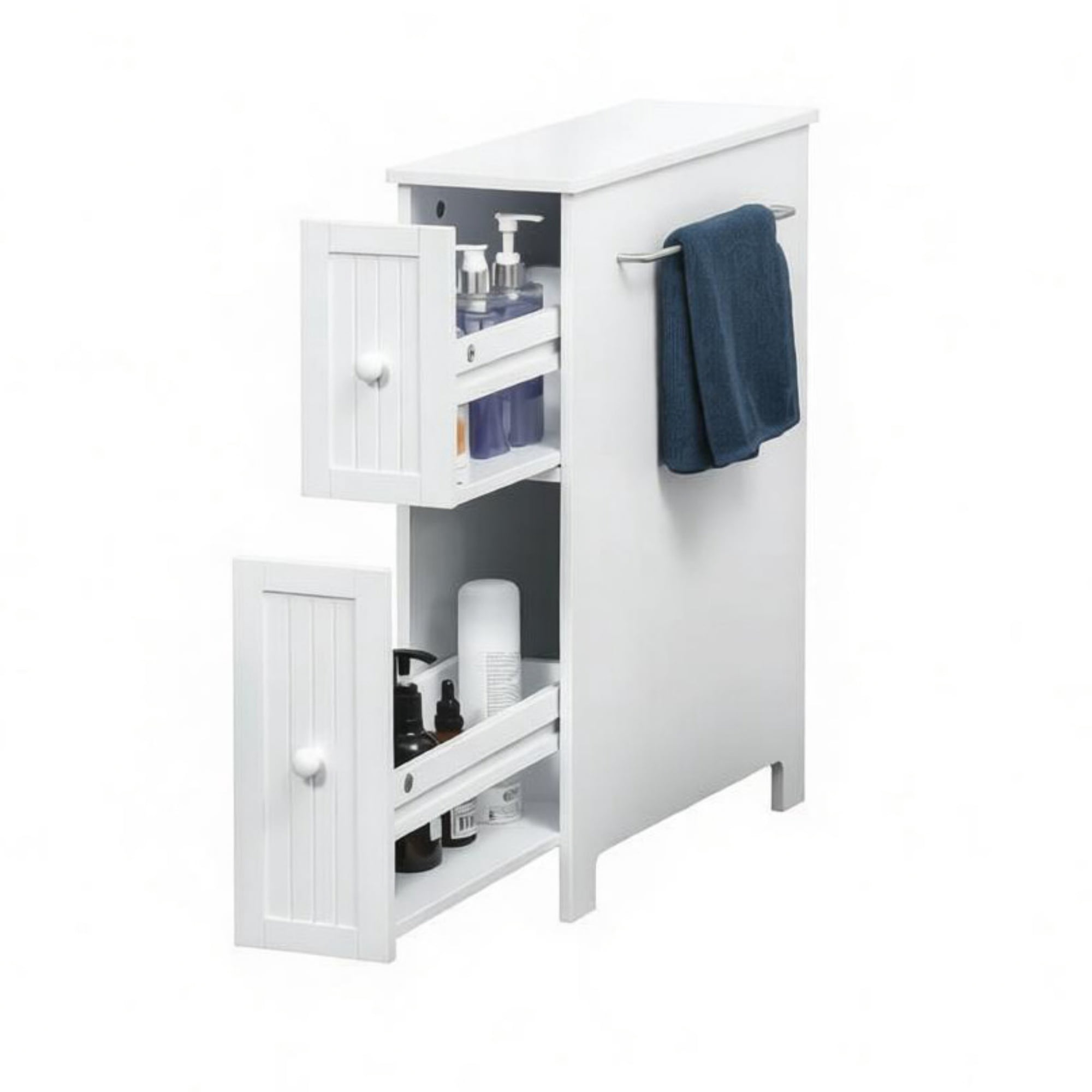 Bathroom Cabinet Freestanding Storage with Toilet Paper Holder 2 Drawers Side Towel Rack Wheels, White 7x20.5x24.75 Inches
