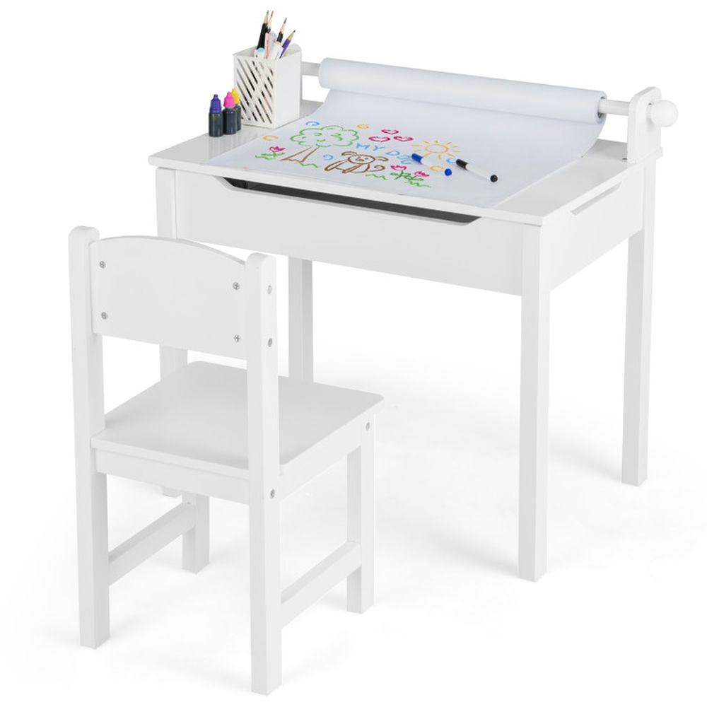 Resenkos Wooden Kids Table and Chair Set with Storage and Paper Roll Holder-White, Small Folding Table for Arts & Crafts, Snack Time, Homeschooling, Homework