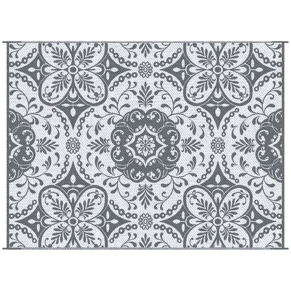 VERTEX&KAIBIN 9' x 12' RV Outdoor Rug, Large Waterproof Camping Carpet with Carrying Bag, Gray and White Floral Reversible Mat for Patio, Deck, Backyard, Picnic