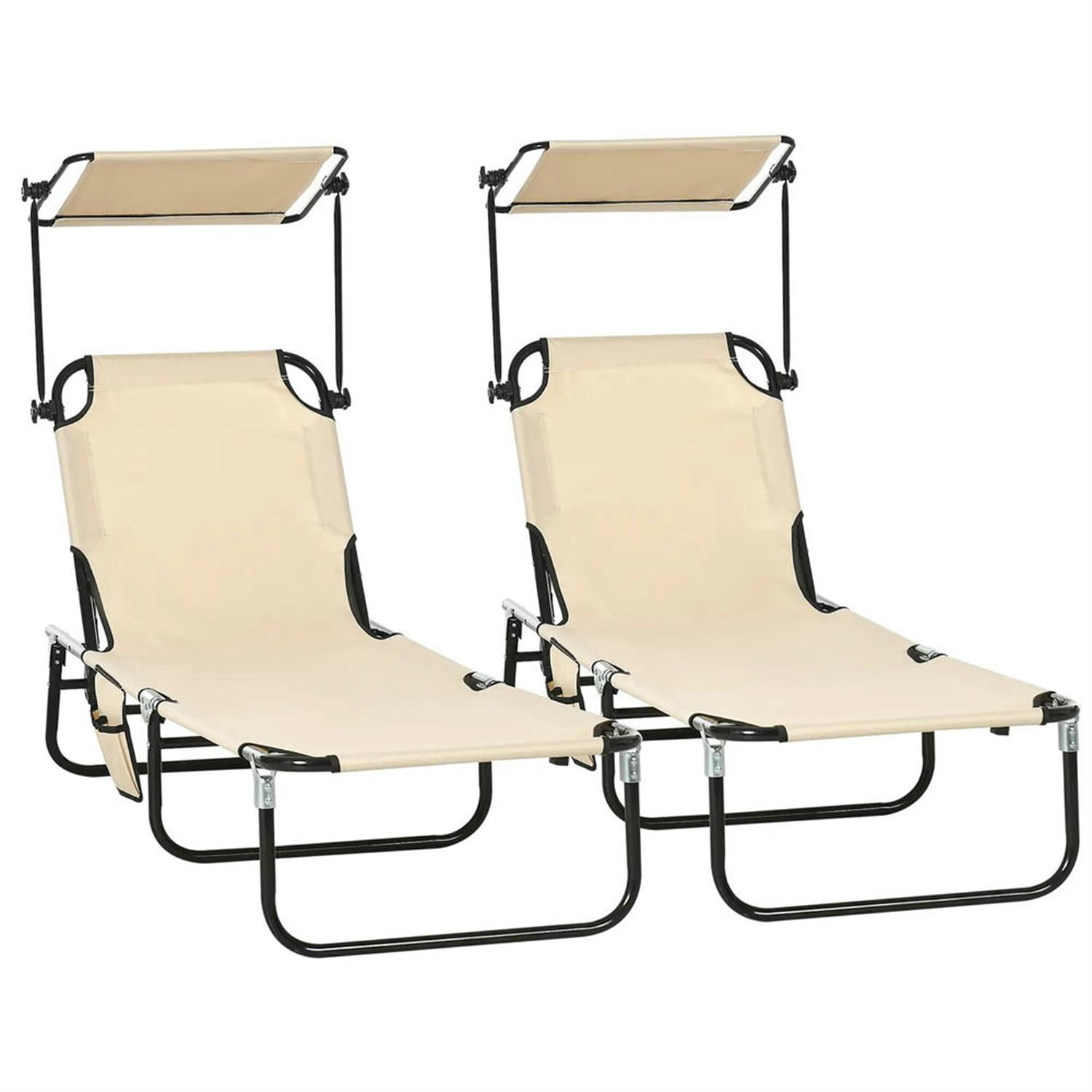 Demi Bonn Outdoor Folding Chaise Lounges Set of 2 with Canopy, Steel Frame, Side Pockets, Reclining Sun Chairs for Beach, Yard, Patio, Beige