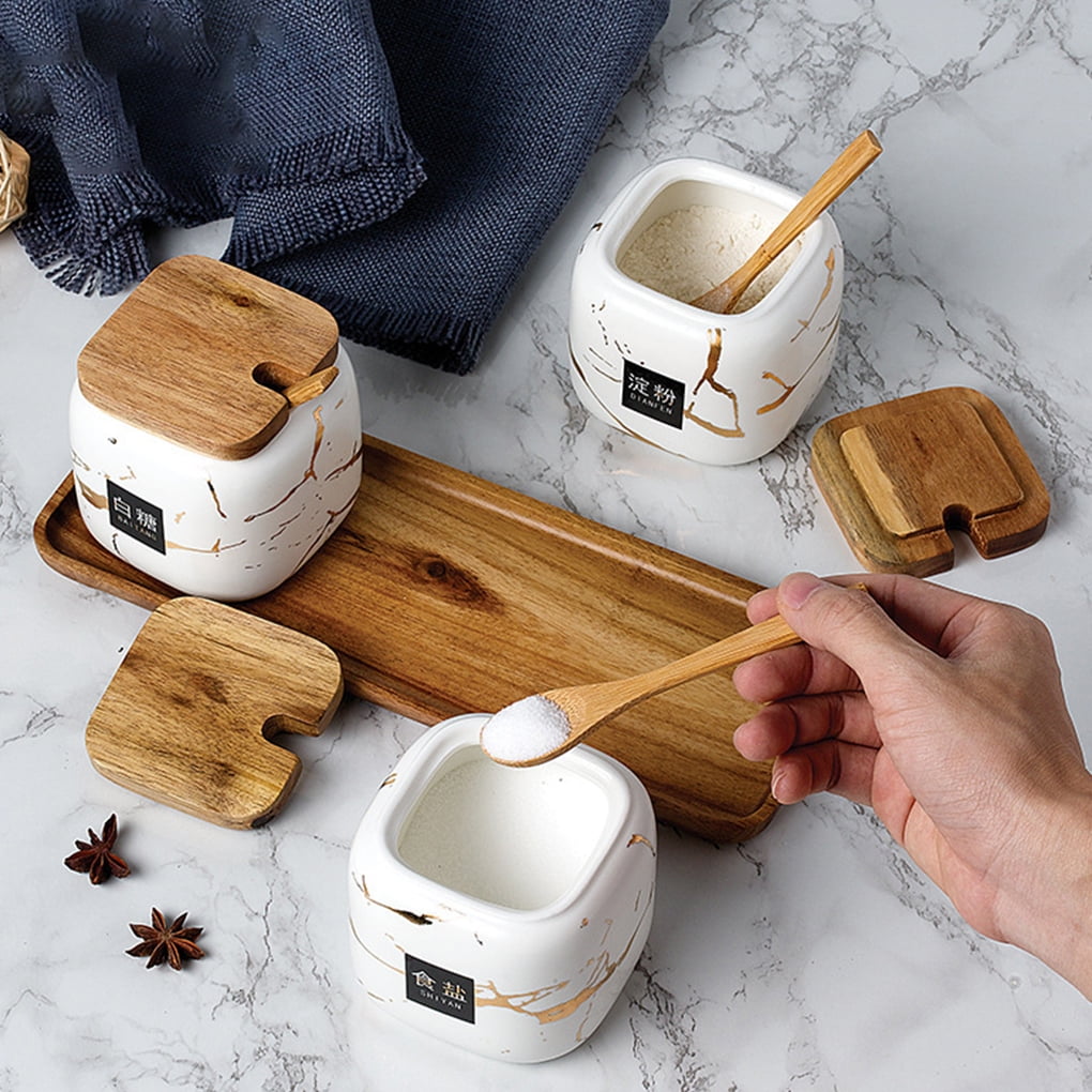 Seasoning Pot Nordic Marble Pattern Ceramic Spice Jar Set Salt Kitchen Matte Condiment Bottles Bamboo Spoon Container Set White single Walmart