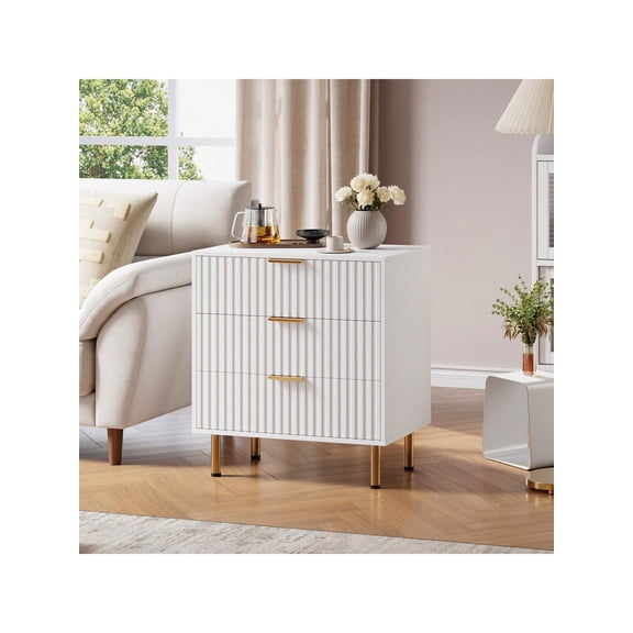Fluted 3 Drawer Dresser for Bedroom,Modern Chest of Drawers Bedside Nightstand with Metal Legs, Wood Side Table Closet Storage Dresser Organizer for Living Room Entryway