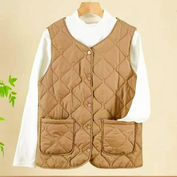 Fanxing Crop Quilted Vest for Women Plus Size Lightweight Sleeveless Jacket Casual V Neck Button Down Waistcoat with Pocket Khaki 4XL