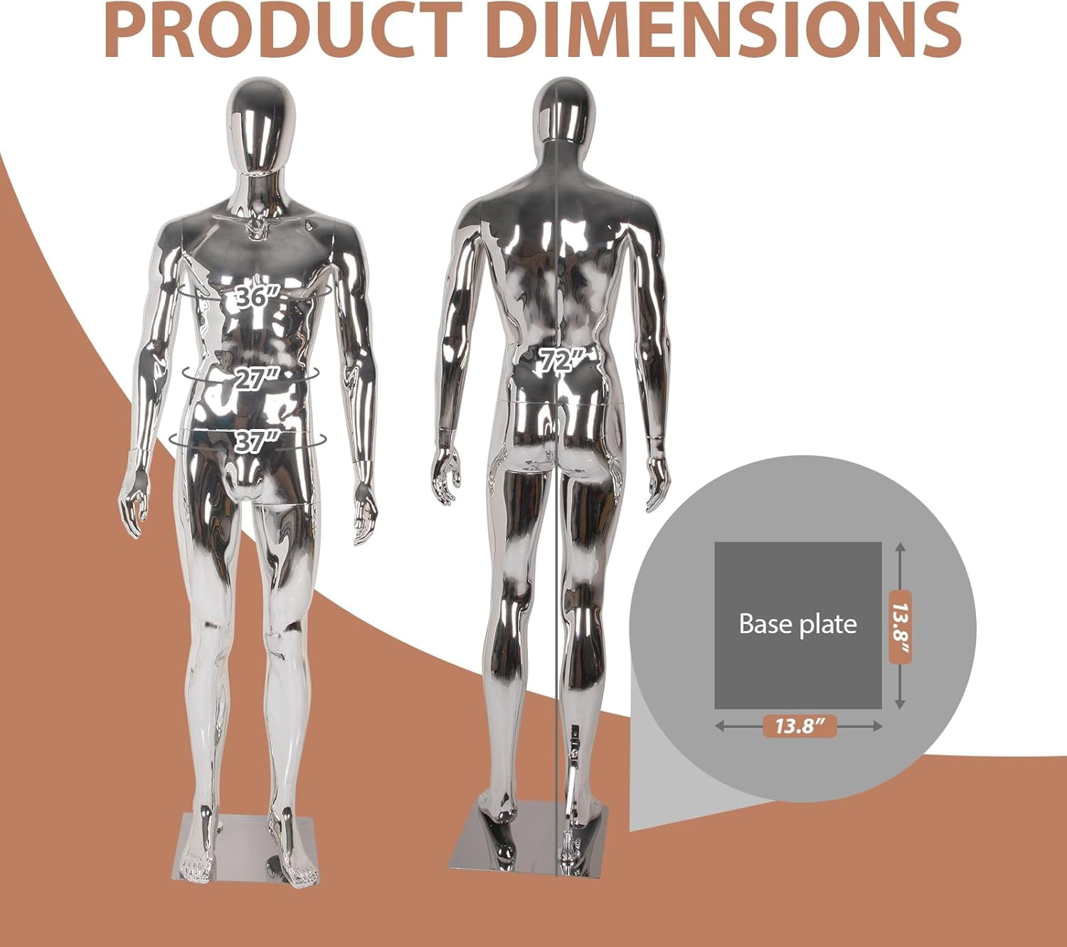 Kinbor 6Ft Silver Full Body Male Mannequin - Tall Male Mannequin with Stable Metal Base Dress Form Display with Adjustable Head and Arms, Detachable Manikins
