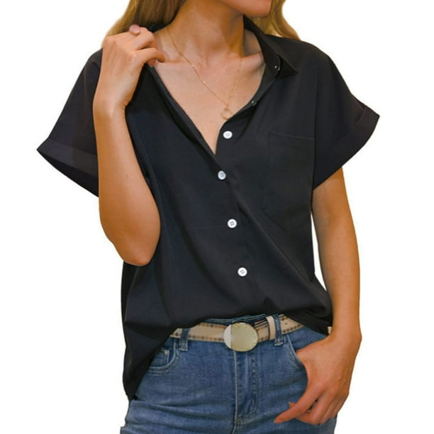 Guardurnaity Camisa de mujer Blusa con botones con bolsillo Oficina Señora Trabajo Fecha Banquete Transpirable Verano Top Ropa Accesorios Negro L Type2 NO2 Guardurnaity AP010575-03