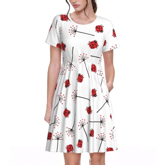 Spring Summer Dresses for Women 2025 - Ladybug With Dandelion Wedding Guest Dresses, Beach Vacation Clothes, Hawaiian Sundresses Casual Short Sleeve Dress for Women with Pockets