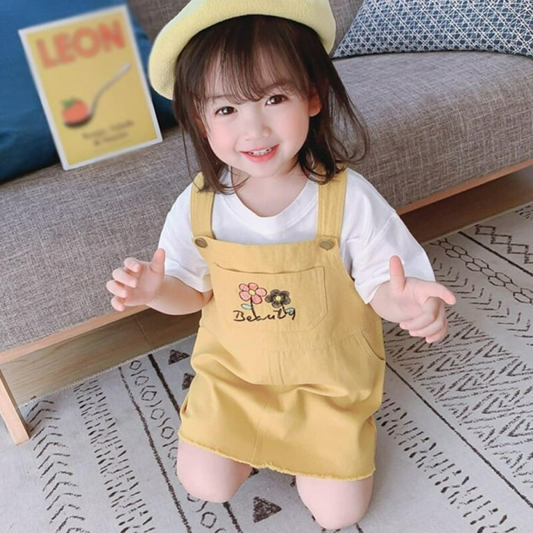 SweetCandy Kids Girls New Strap Skirt Summer Korean Flower Embroidery  Washed Cotton Dress Casual With Pockets Cute Children's Clothes 