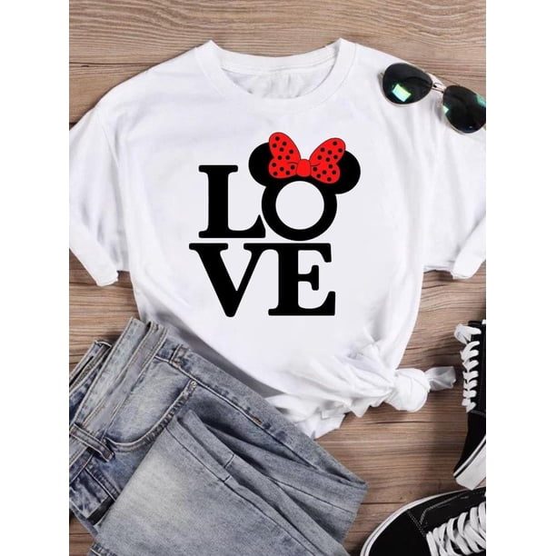 Disney Leopard Fashion Women Cartoon Print Clothing Bow Mickey Mouse Tee Shirt Casual Love Graphic Short Sleeve T-shirtsXXL Gao Jinjia LED