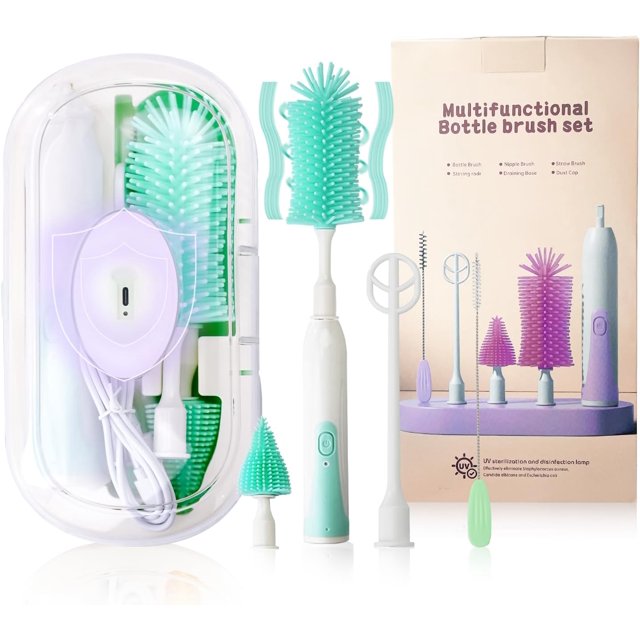 LivinVeluris Electric Baby Bottle Brush Set with 360° Rotation – 2-Speed Rechargeable Cleaner with Silicone Brush, Pacifier & Straw Cleaner, Mixing Head & Drying Rack – Green