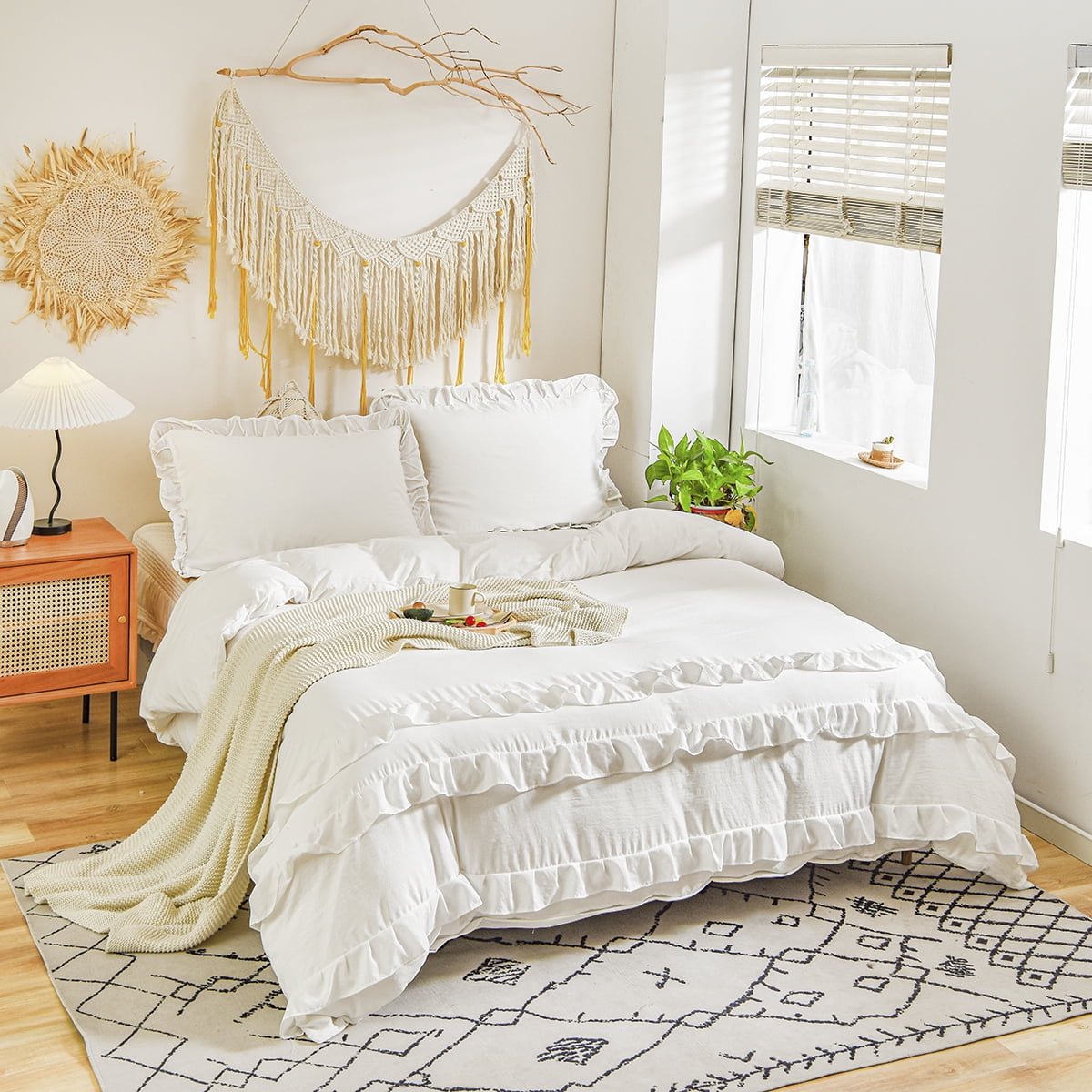White Vintage Ruffle Bedding Set Farmhouse Bedding Set Soft