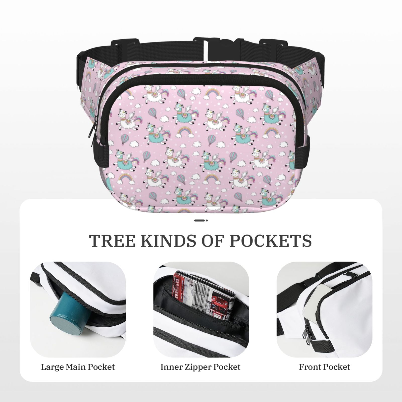 Kuqiui Llama Unicorn and Rainbow Print Fanny Packs for Women Cross Body Waist Bag Fashionable Fanny Pack Designer Workout Hiking Waist Pack Running Travel Gym