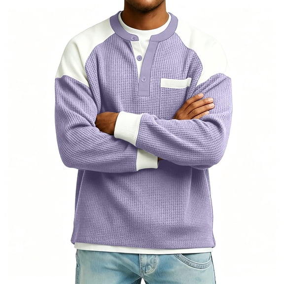 hotojiny Men's Henley Shirts Oversized Long Sleeve Casual Classic Tee Pullover Fall Color Block Pocket Button Sweatshirt(Purple,X-Large)