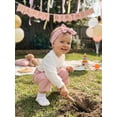 thumbnail image 6 of BemeyourBBs 3Pcs Baby Girls First Birthday Outfit 1st Birthday One Years Old Clothes Long Sleeve Crew Neck Letters Embroidery Romper Plaid Wide Legs Belt Pants and Headband Set, 6 of 9