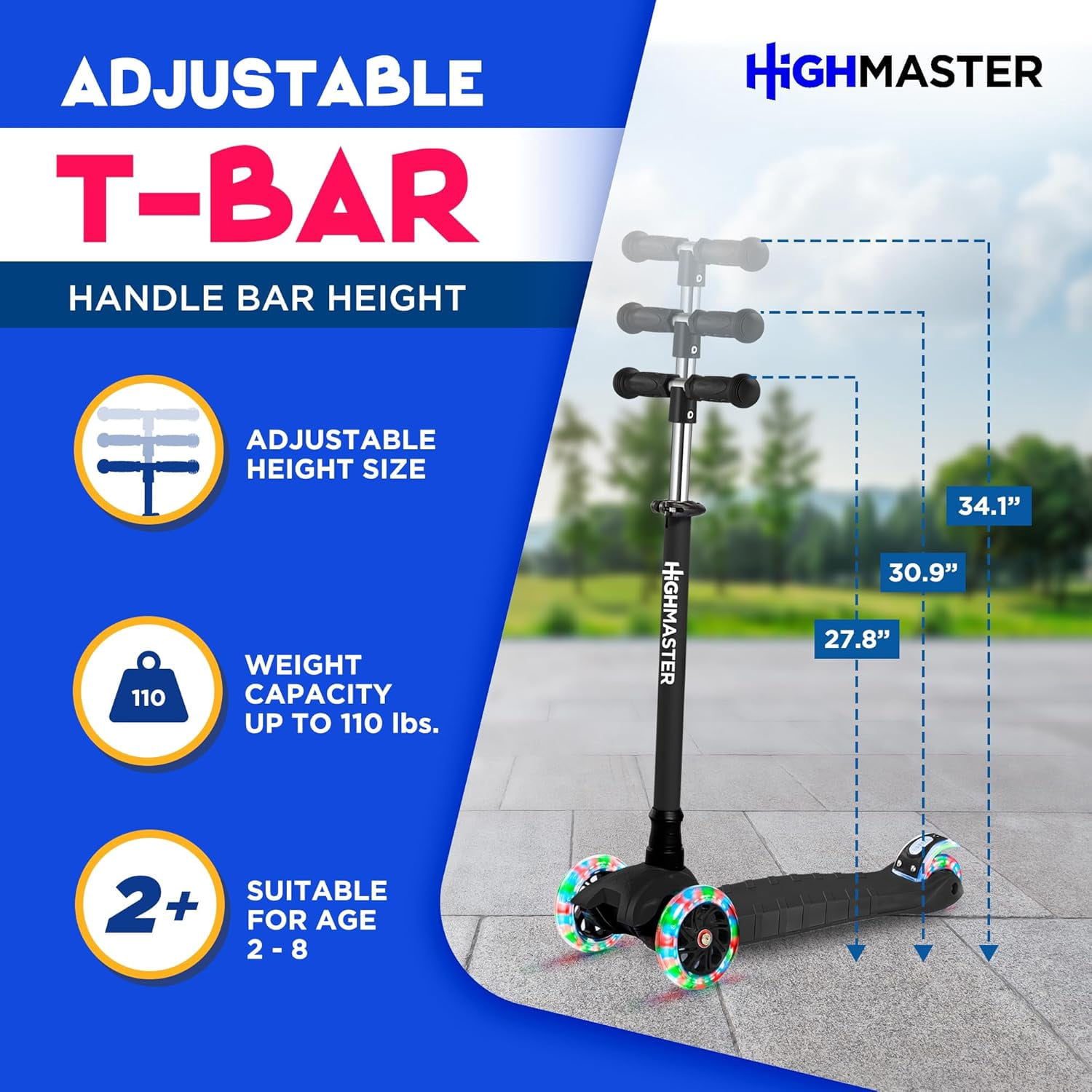 Highmaster 3-Wheel Toddler Scooter for 2 to 8 Year Old boy - 3 Wheeled Kids Scooter with Light Up Wheels, Safe and Fun Ride for Kids - Black