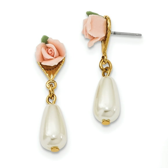 Gold-tone Porcelain Rose/Simulated Pearl Post Dangle Earrings BF169