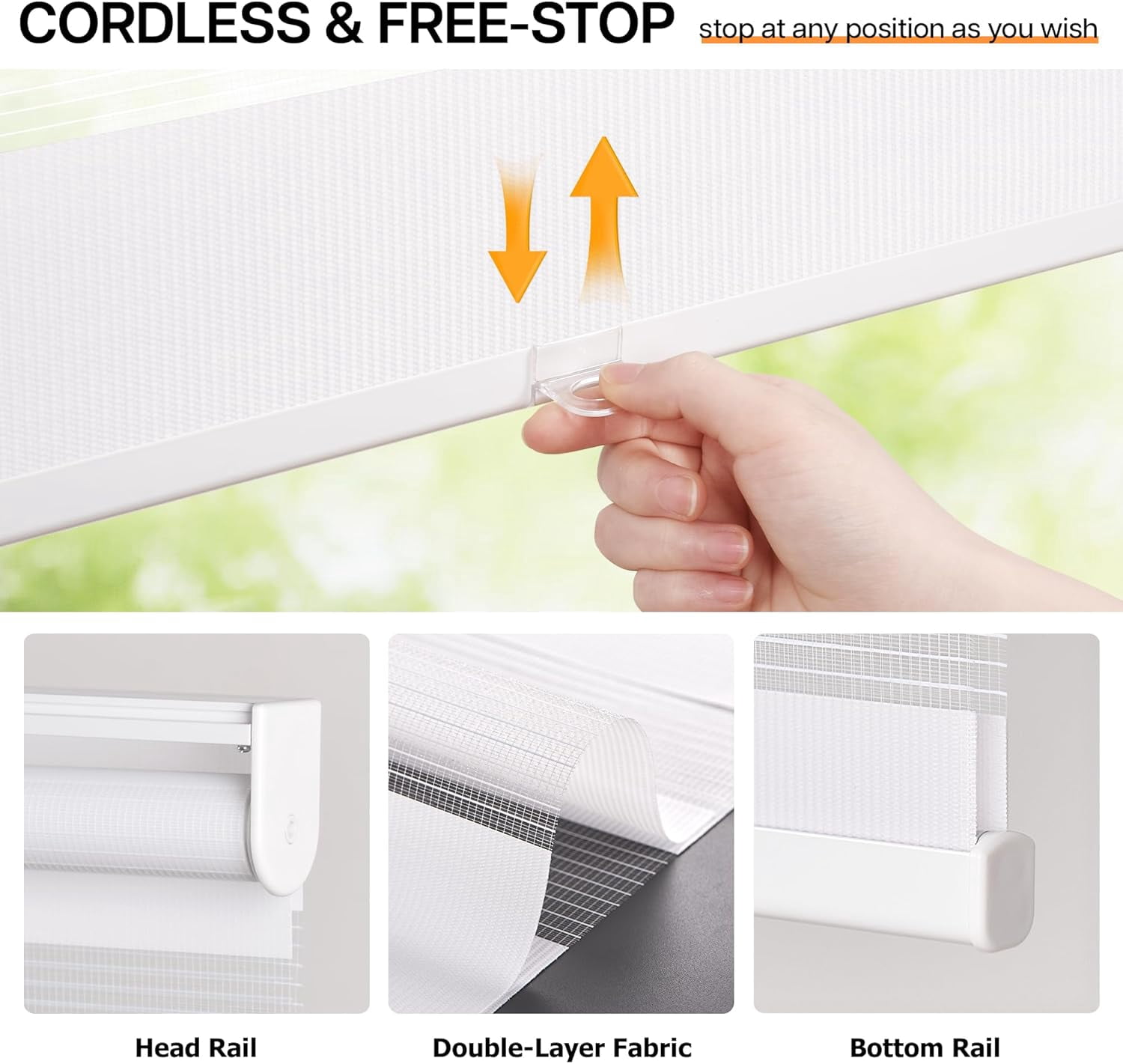 LazBlinds No Tools No Drill Cordless Zebra Blinds for Windows, Dual Layer Light Control for Day and Night, Light Filtering Privacy Roller Blinds and Shades for Home, 20" W x 48" H, White