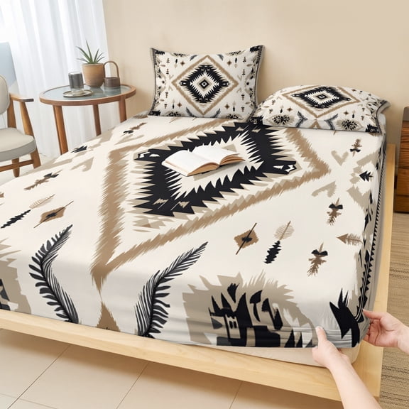 Cal.King Size Fitted Sheet Set - Boho Black Brown 3 Piece Bedding Sets 16" Deep Pocket Fitted Sheet with 2 Pillowcases, Retro Geometric Southwestern Ethnic Brushed Microfiber Hotel Luxury Bed Sheets