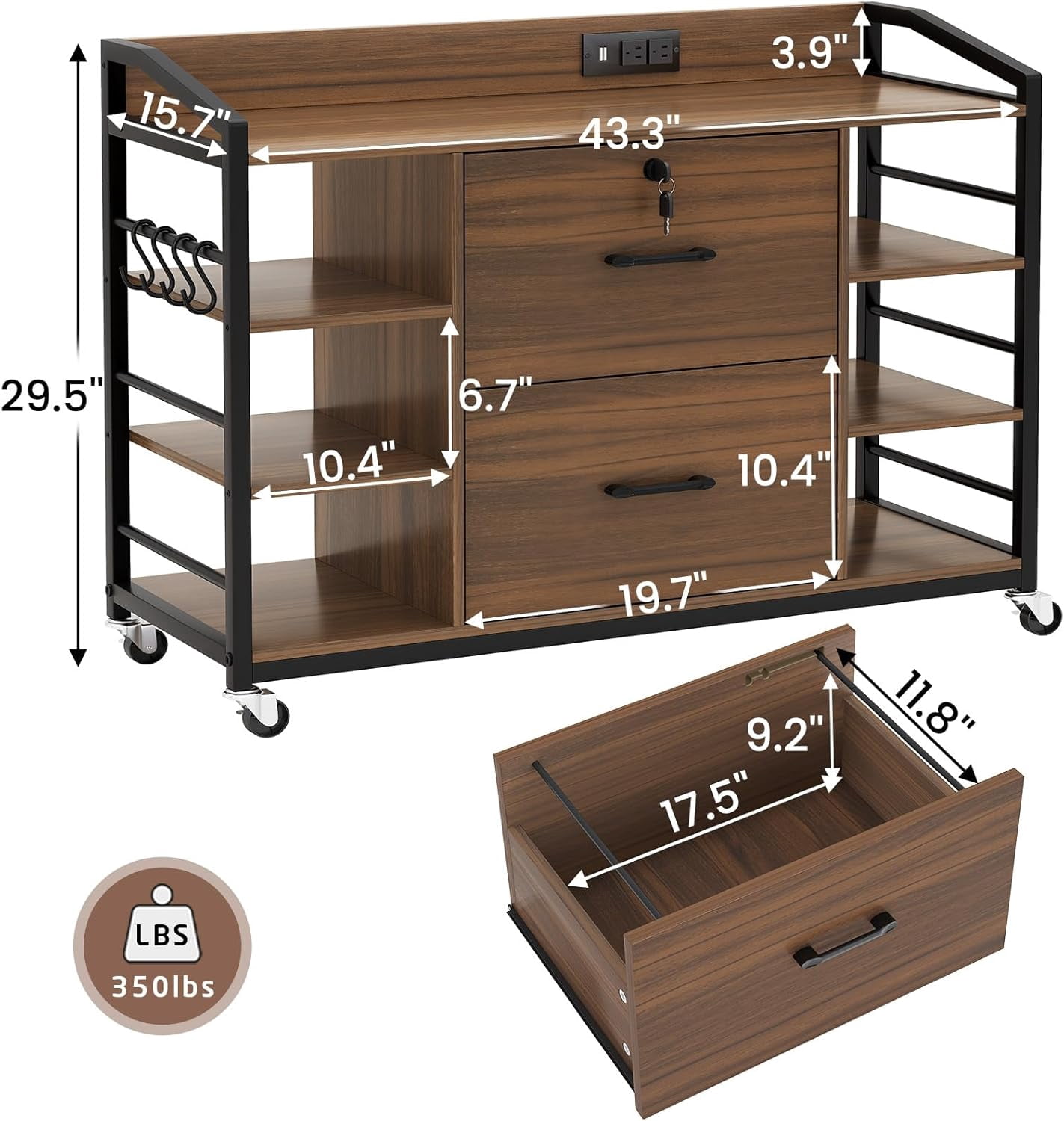 SEDETA 44" File Cabinet, Filing Cabinet fits Legal/Letter Size, 2 Drawer File Cabinets for Home Office with Lock, Power Strip, 6 Storage Shelves, Walnut Brown