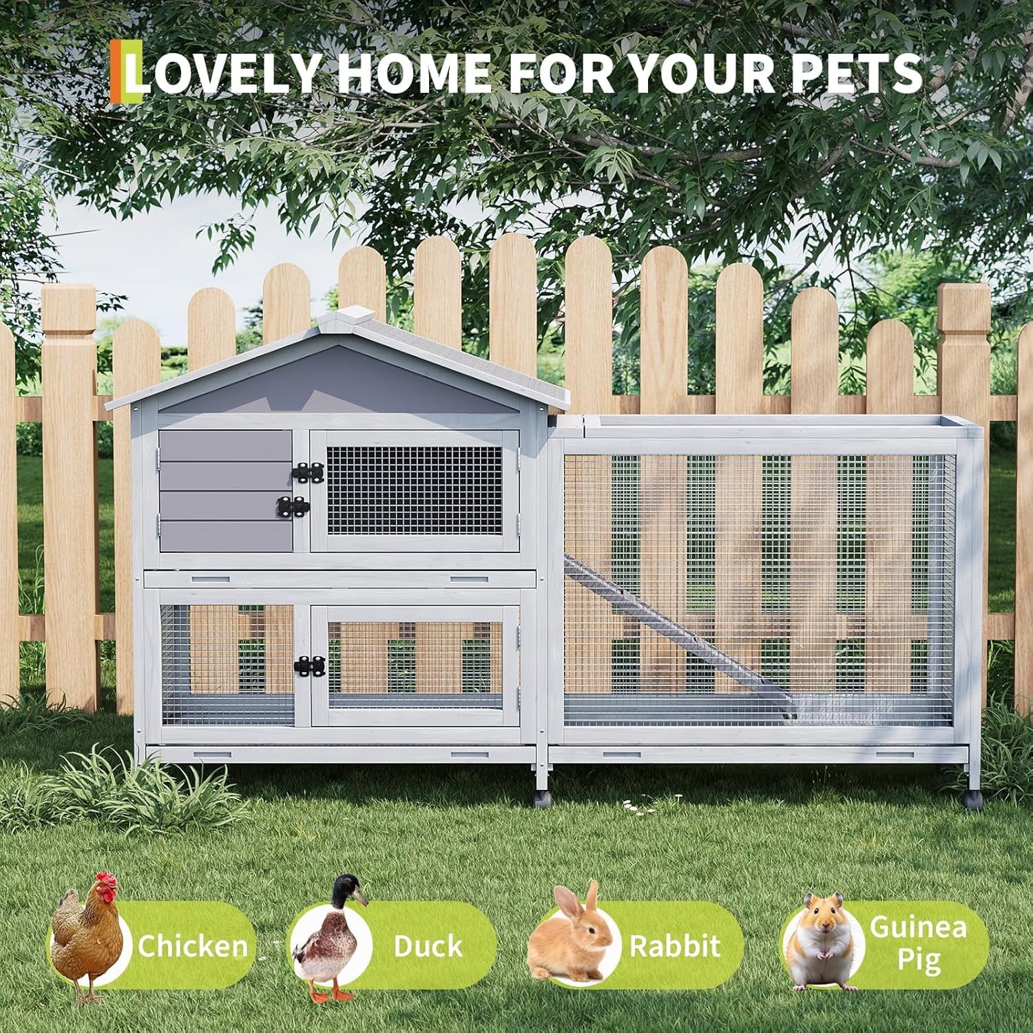 Rabbit Hutch with Weatherproof Roof, Bunny Hutch with 6 Lockable Caster Wheels & Pull-Out Tray, Rabbit Cage for Indoor Outdoor Use