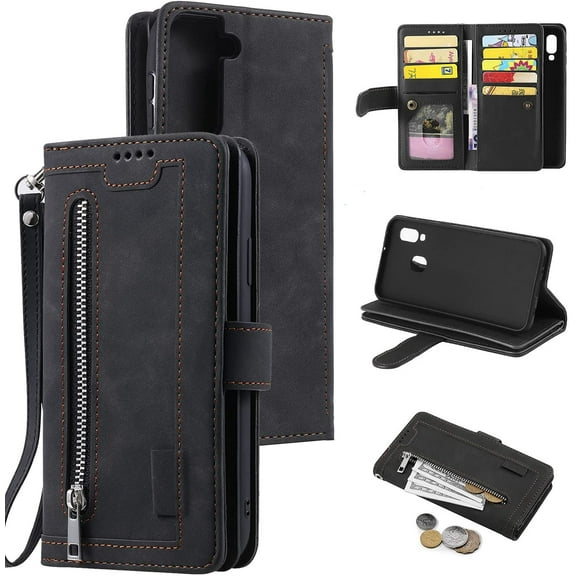 Wallet Phone Case for Samsung Galaxy S21 FE, Retro Matte 9 Card Holder Slots Zipper Pocket Case PU Leather Magnetic Closure Kickstand with Wrist Strap Shockproof Folio Flip Case - Black