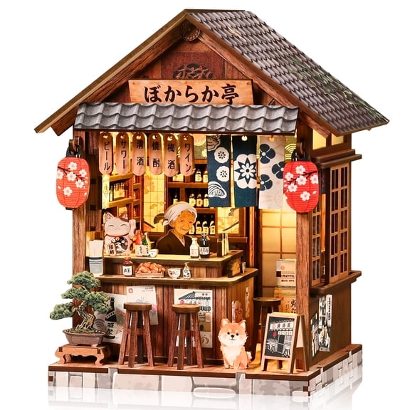 MOJINO Book Nook Kit for Adults, DIY Miniature House Kit with LED Light, 3D Wooden Puzzle Bookshelf Decor, Craft Kit, Japanese Izakaya