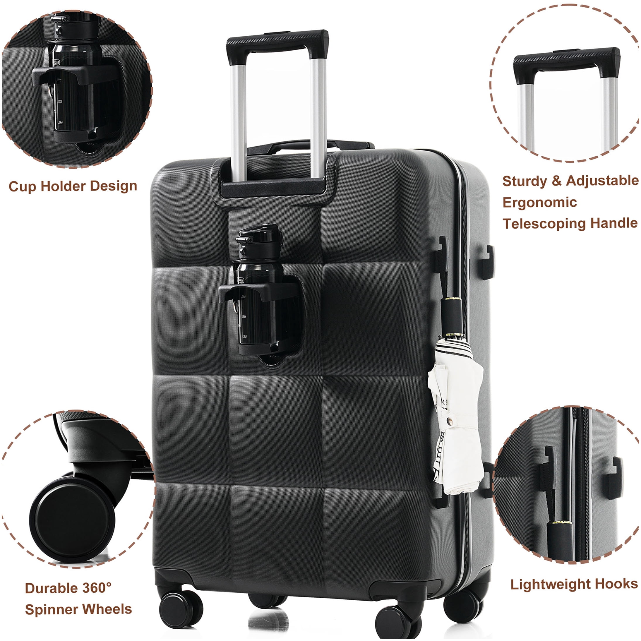 Black 3-Piece ABS Hard Shell Luggage Set with Cup Holder, 360° Spinner Wheels, Airline Approved Carry-On Suitcase