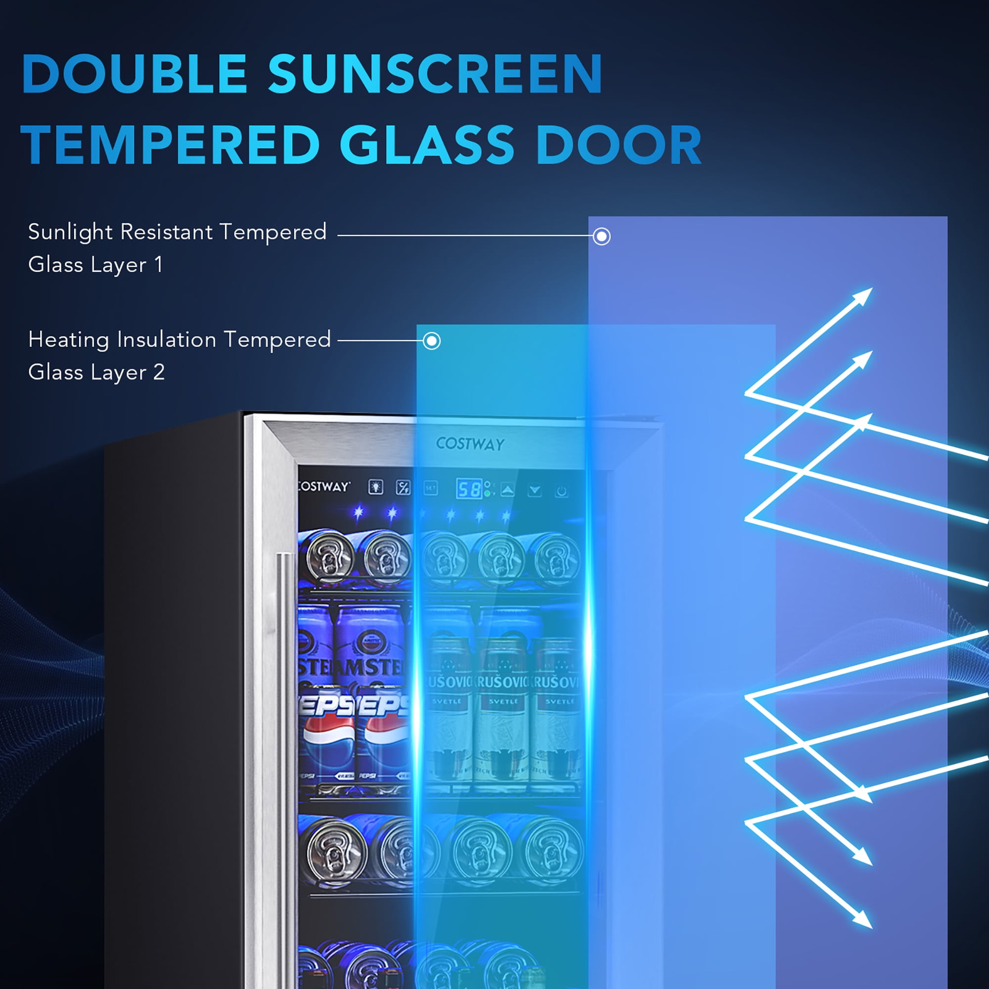 Costway 15 Inch Beverage Refrigerator, Built-in Beverage Cooler w/ Double-Layer Tempered Glass Door