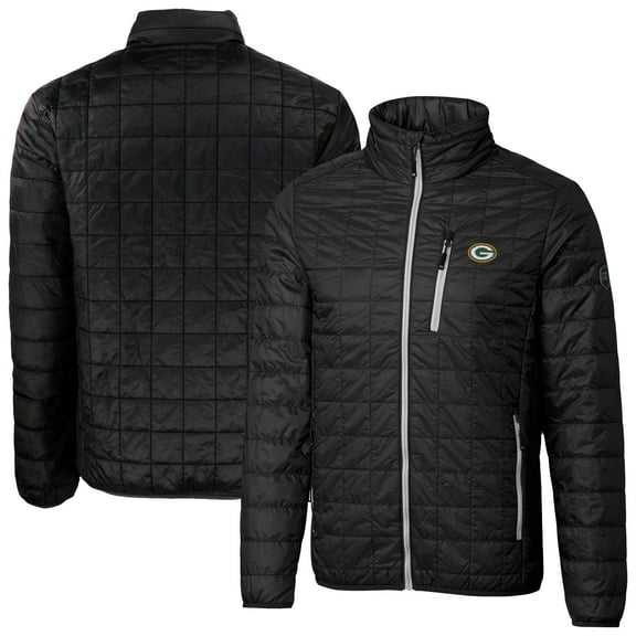 Men's Cutter & Buck Black Green Bay Packers Rainier PrimaLoft Eco Insulated Full-Zip Puffer Jacket