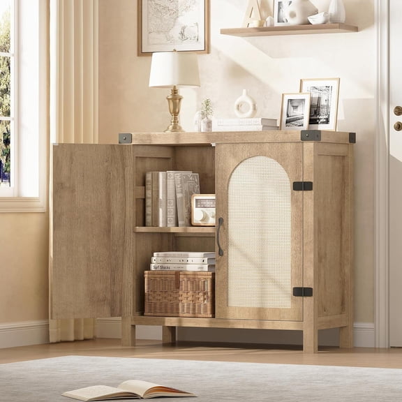 Sideboard Buffet Cabinet Accent Cabinet with Shelves and Strong Wood Legs Farmhouse Storage Cabinet with Rattan Doors Small Console Cabinet for Bedroom Living Room Entryway Natural