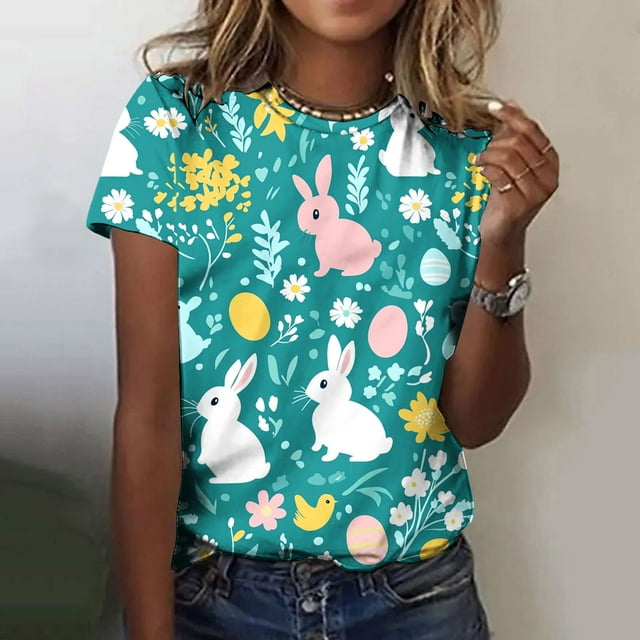 Ounisa T-Shirts à Manches Courtes pour Femmes Col Rond Lapin de Pâques Imprimé Mélange de Coton Coupe Ample 2026 Printemps Été Vacances Décontracté Confortable Tendance Grande Taille T-Shirts P-2TG