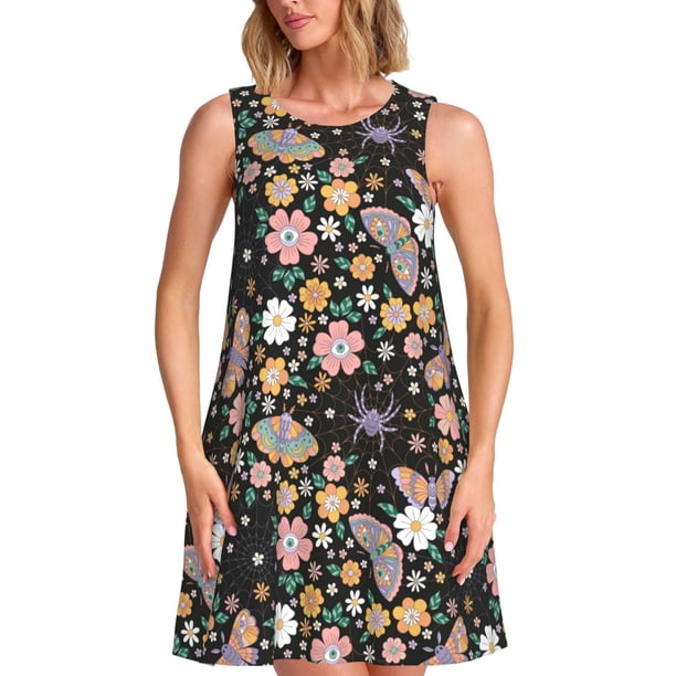 Balery Floral Insects Vestidos de verano para mujer con estampado: vestido holgado sin mangas, vestido playero informal y cómodo para días calurosos.