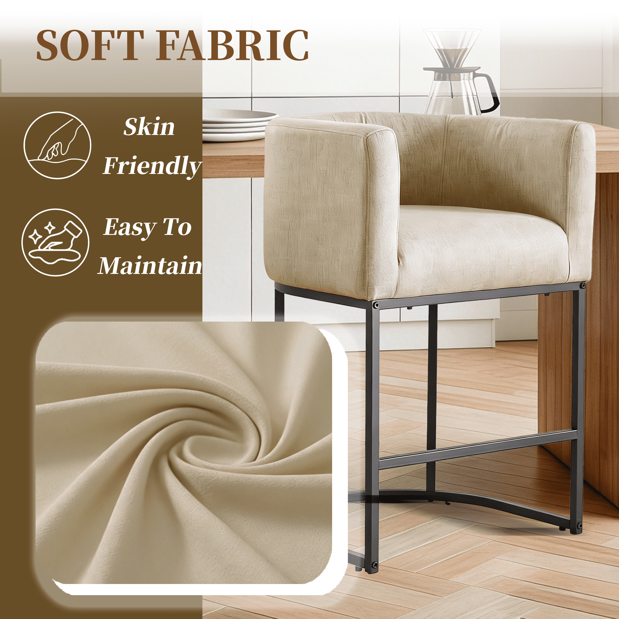 FANCROU 26" H Counter Height Bar Stools Set of 1, Fabric Barrel Stools with Back and Arms, Gamel-Black Leg