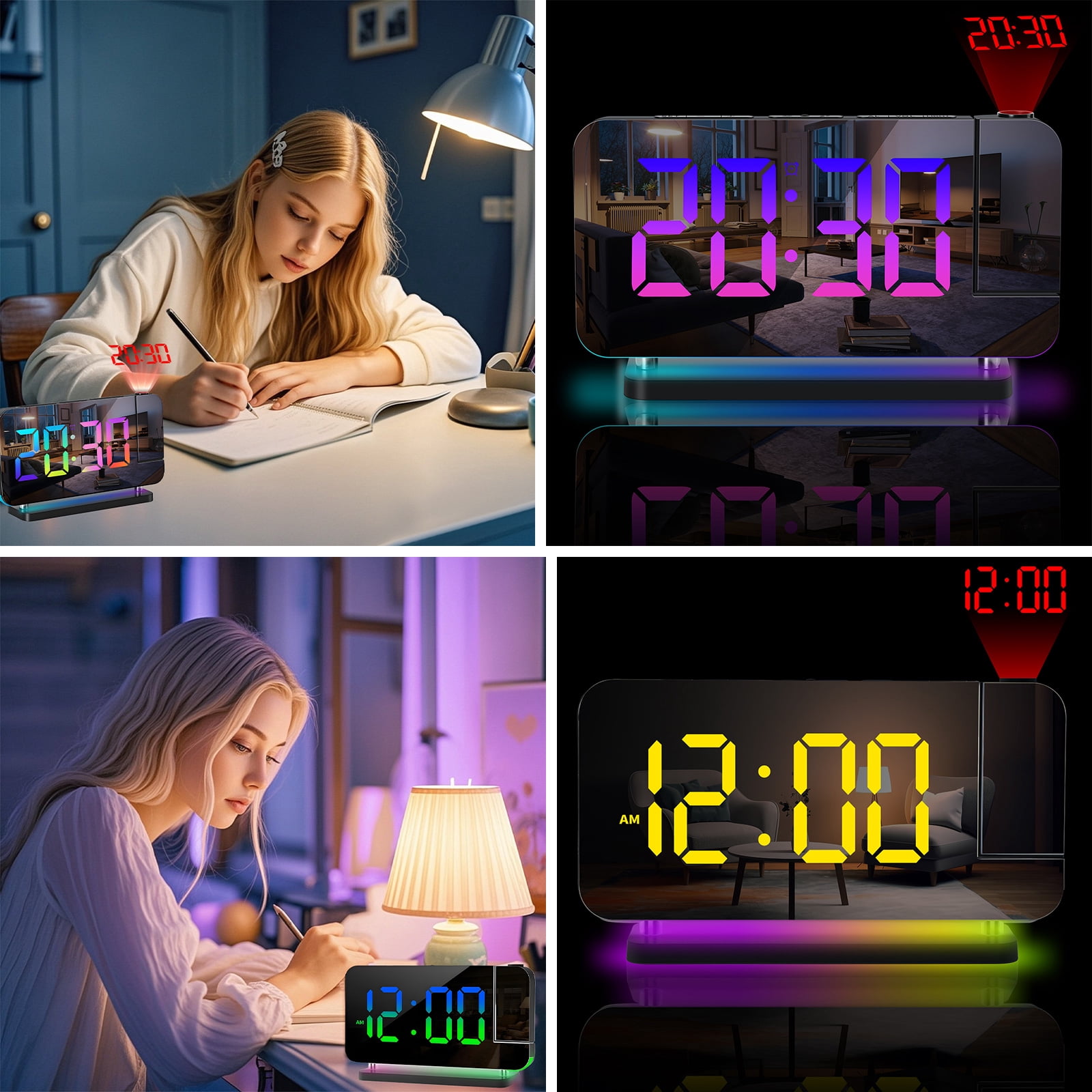 Syenll Projection Alarm Clock, 7.4 inch Large Digital Mirror Clock with Dual USB Charger Ports, 180° Rotatable Projector for Kids Bedroom Ceiling, Black