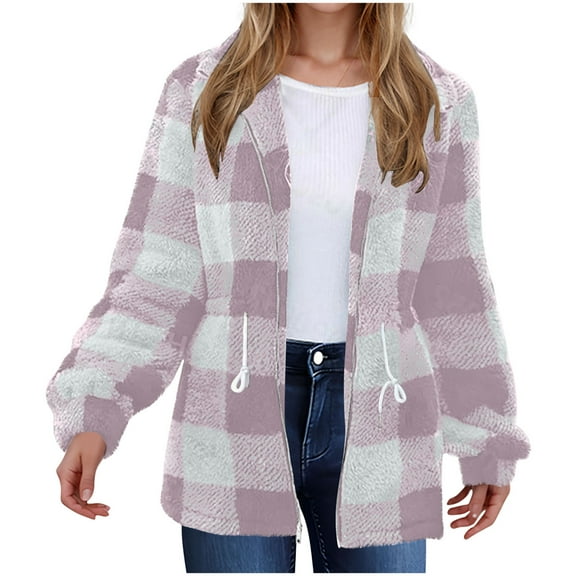 Winter Womens Comfortable Jacket Double-sided Long Sleeved Fleece Casual Plaid Pink Trench Coat L Up To 65% Off!