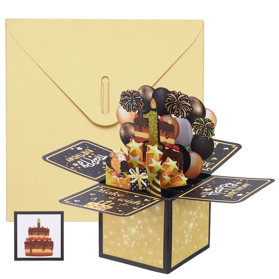 Uxcell 1 Pcs 3D Birthday Card, 1st Fold Out Birthday Card with Envelope and Small Card for Birthday Party Anniversary Celebration Surprise Greeting Gift, Black Gold Tone
