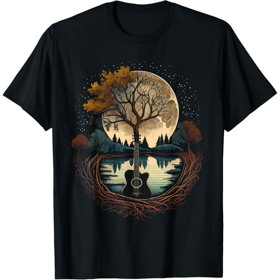 Acoustic Guitar Tree and Moon By The Lake Guitarist T-Shirt
