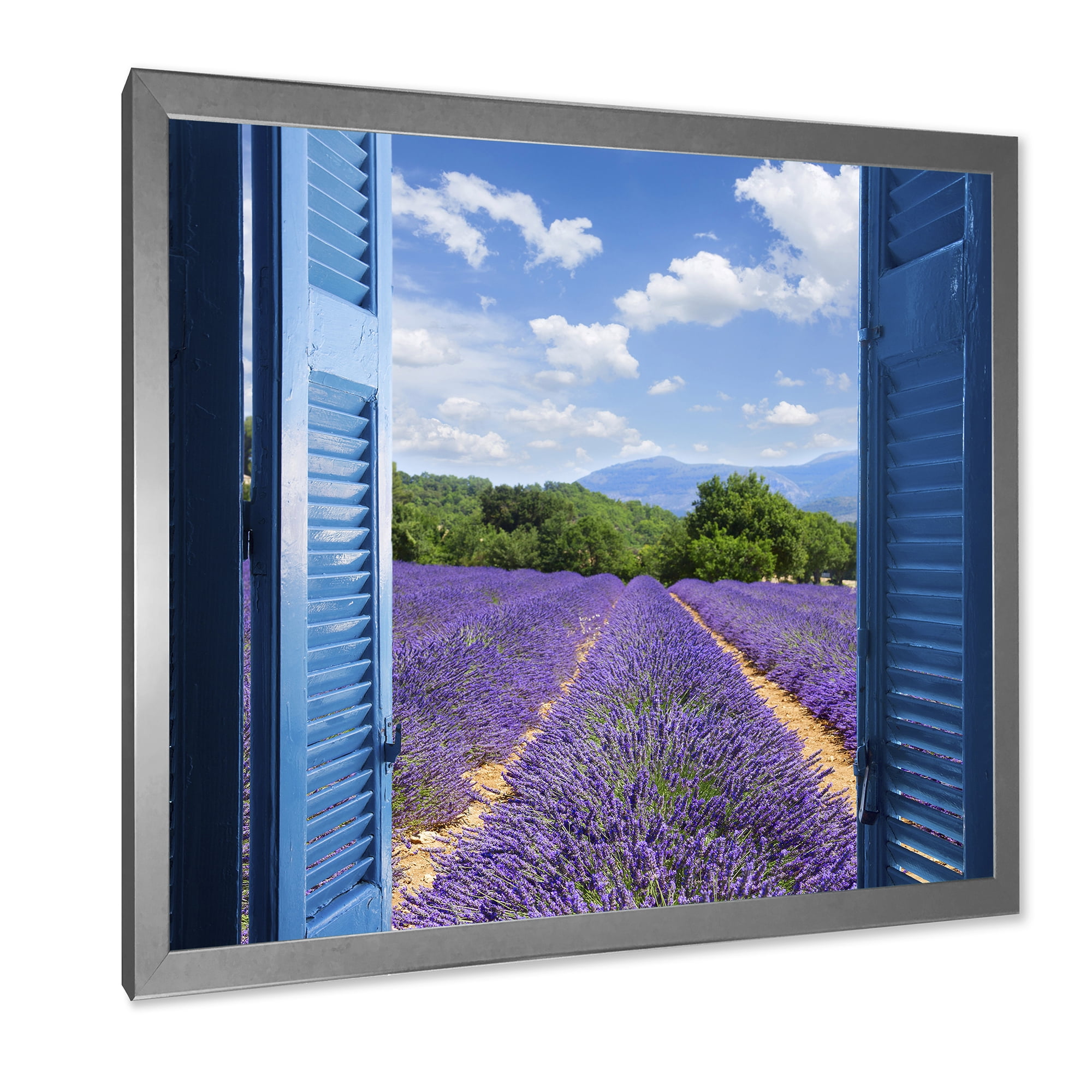 Designart 'View of Lavender Field Through Blue Open Cottage Window' Farmhouse Framed Art Print