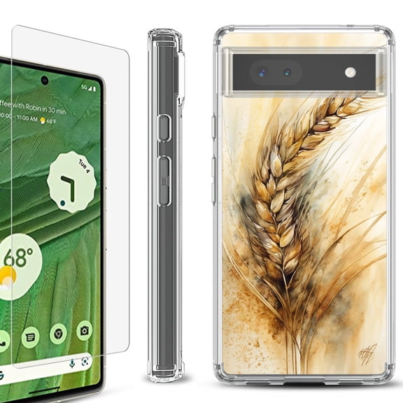 Shockproof Bumper Phone Case for Google Pixel 6a, with Tempered Glass Screen Protector, by OneToughShield ® - Wheat Painting