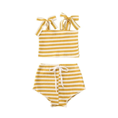 

Binpure Baby Girl Sleeveless Tops T-shirt+Drawstring Striped Shorts Summer Sets