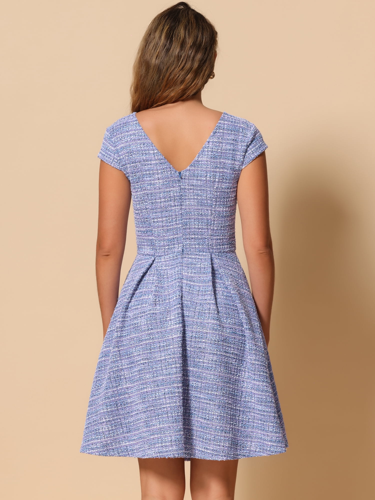 DARING DIVA Women's Tweed Cap Sleeve A Line Vintage Pleated Dresses L Blue Purple
