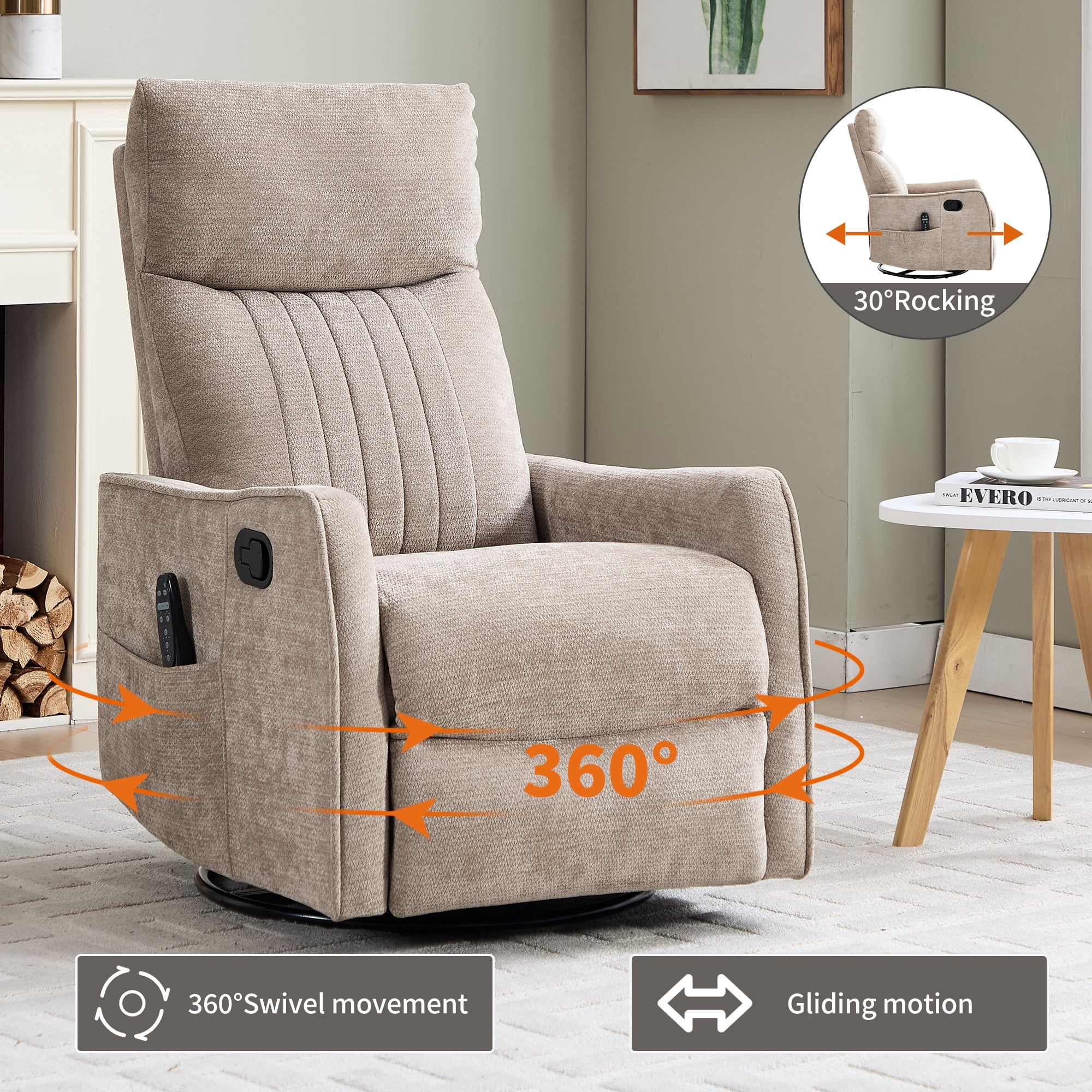Leumius Manual Swivel Rocker Recliner Chair for Adults,Overstuffed Reclining Glider Chair with Vibration Massage & Heat,Upholstered Recliners with Side Pockets for Living Room,Khaki Chenille