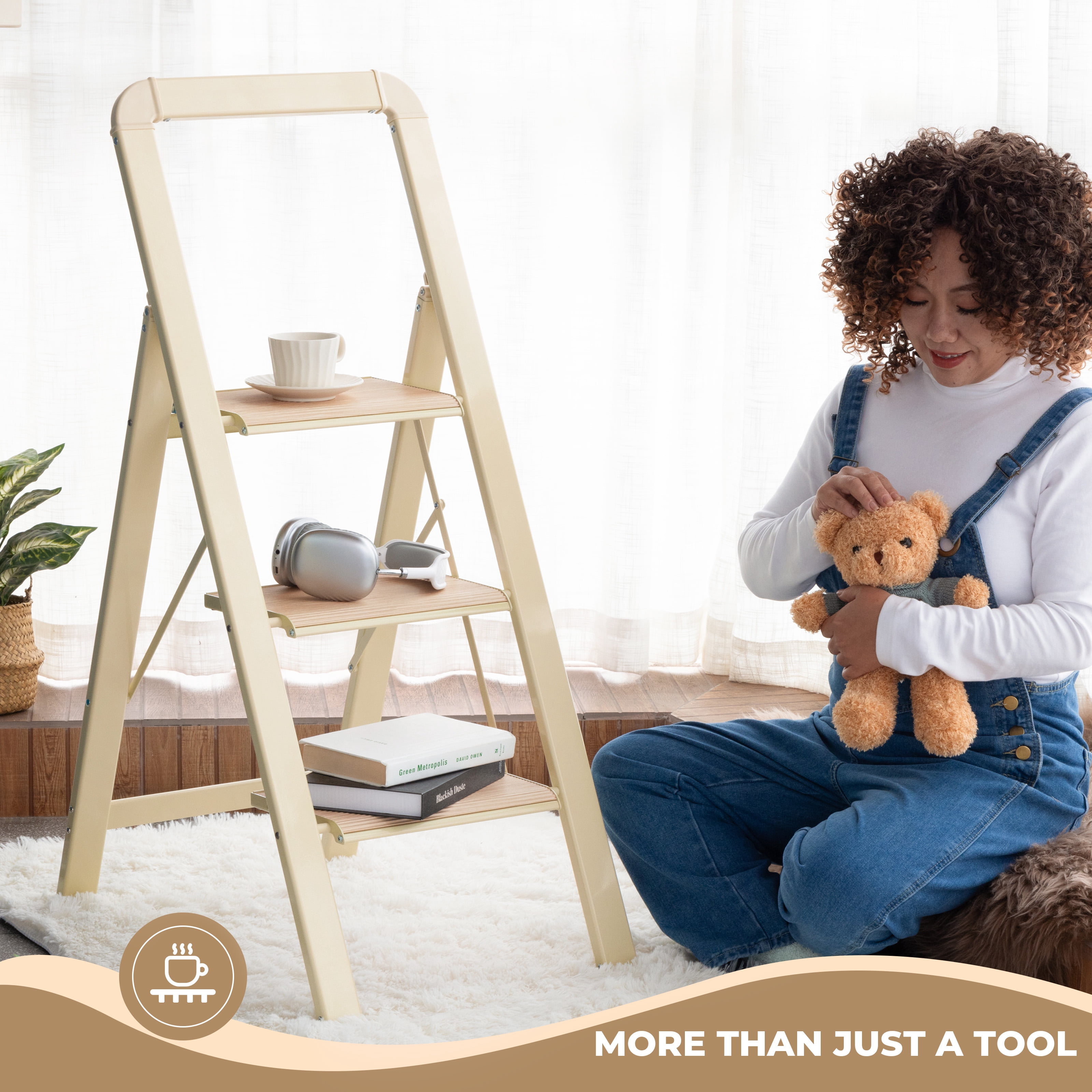 3 Step Folding Ladder 450 lbs Capacity Aluminum Alloy with Handrails Non-Slip for Home Kitchen Garage