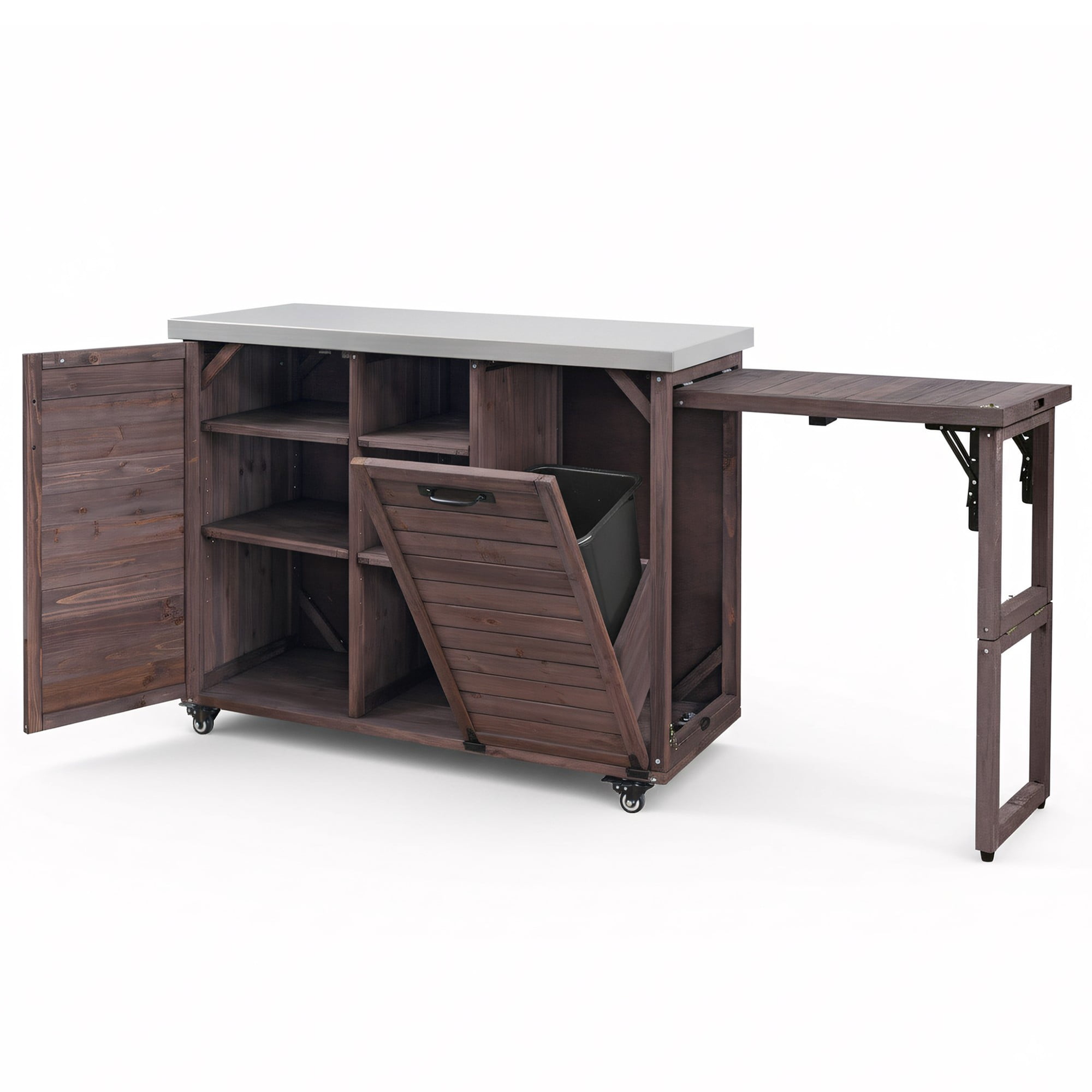 Euroco 78.3" Outdoor Kitchen Island with Foldable Grill Table, Wooden Outdoor Grill Cart with Trash Can Storage & Stainless Steel Top, Outdoor Bar Cart, Pizza Oven Table