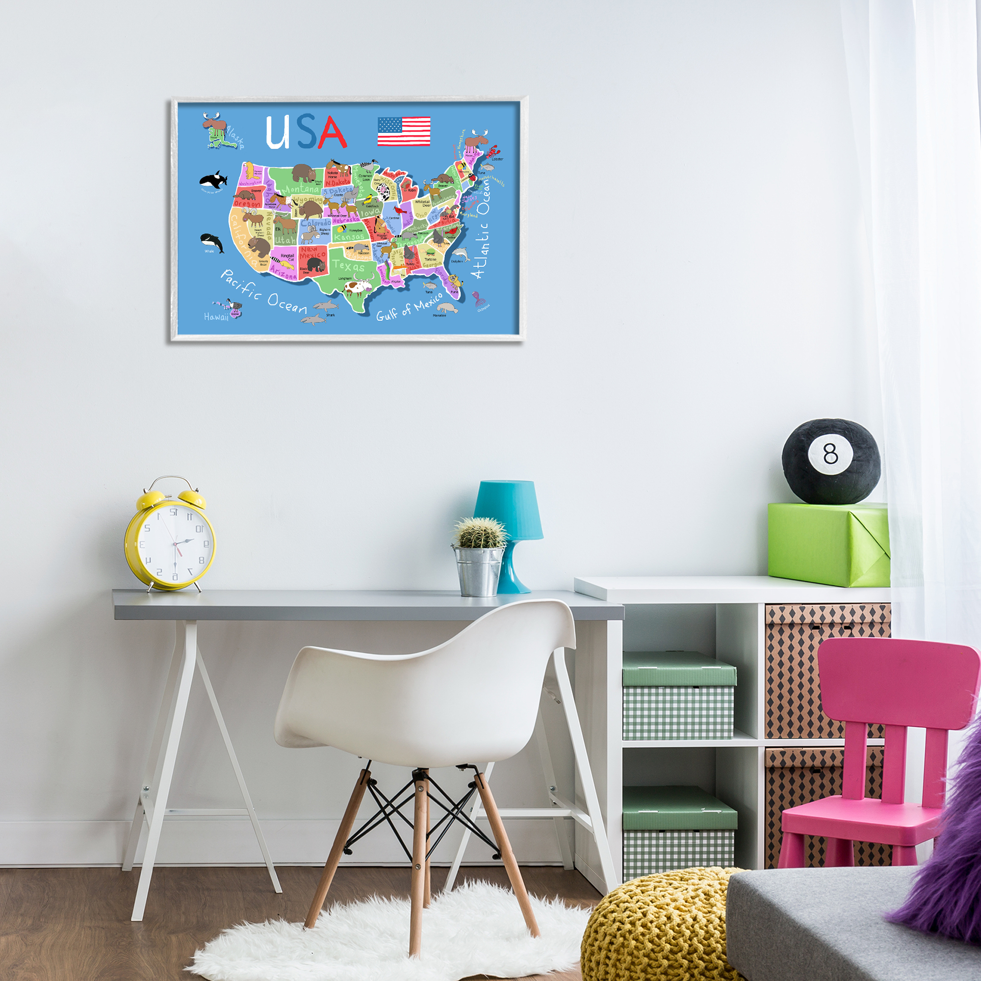 Stupell Industries United States Animal Map Travel & Places Painting White Framed Art Print Wall Art, 30 x 20