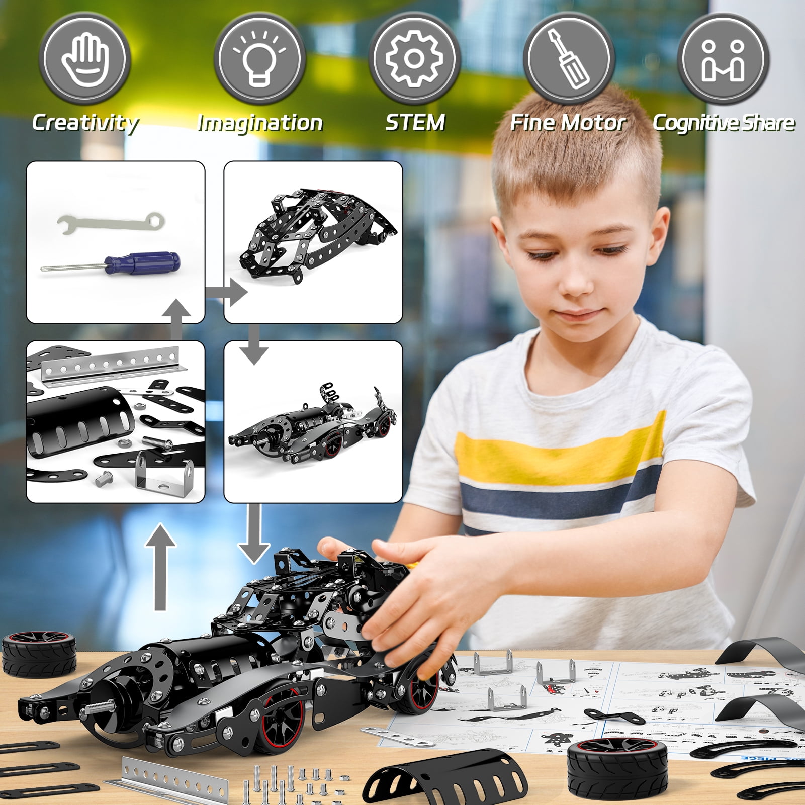 KukuFun STEM Building Projects Model Car Set for Boys Kids 8 9 10 11 12 Years Old, Metal Building STEM Kits Toys Science Set for Vehicle Fan